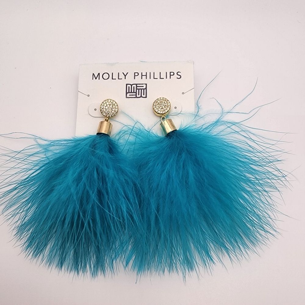 Nwt Molly Phillips Blue Feather Earrings
